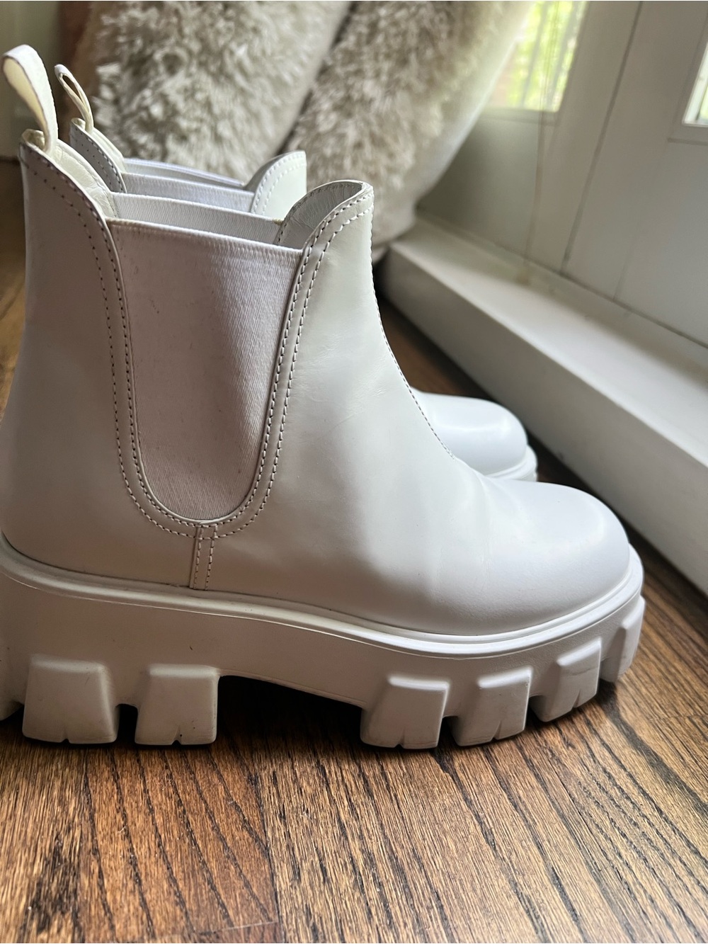 Prada White Leather Lug Chelsea Booties